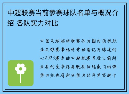 中超联赛当前参赛球队名单与概况介绍 各队实力对比